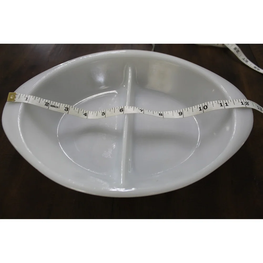 Glasbake J2352 MilkGlass Divided Serving Dish Green Floral Oval Bakeware Vintage